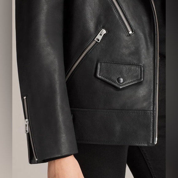 SOLD // All Saints Sherwood Leather Biker Jacket w/ Faux Fur Trim Size Small - Picture 3 of 14